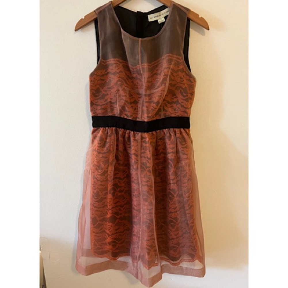 Anthropologie Lili Wang Coral Sheer Lace Metallic Cocktail Dress, Size 8, NWT